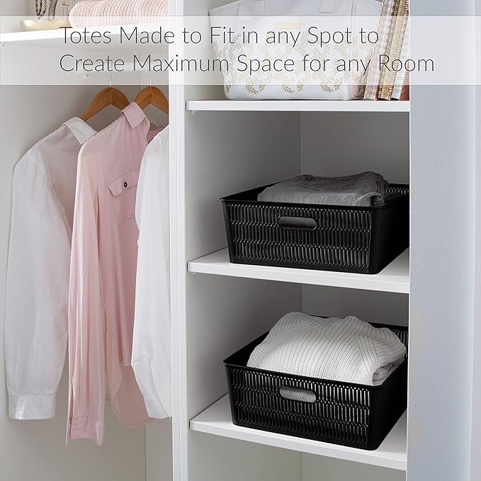 Simplify 4Pk Shallow Slide 2 Stack It Tote Basket | Storage & Organization | Open Bins with Stackable Capability | Bathroom | Crafts | Pantry | Playroom | Office | Black
