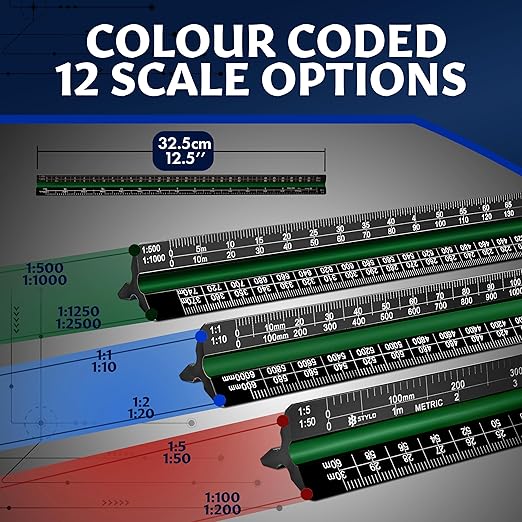 Stylo 12" Aluminum Architect Scale Ruler Laser Etched Triangle Drafting Ruler, Color Coded Grooves for Blueprint, Drafting and Drawing, Architectural Scale Ruler for Blueprints (Black, Metric Units)