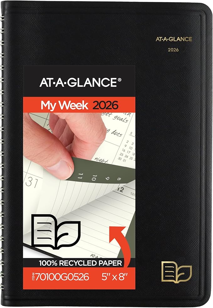 AT-A-GLANCE 2026 Appointment Book Planner, Weekly & Monthly, 5" x 8", Small, Hourly, Recycled, Black (70100G0526)
