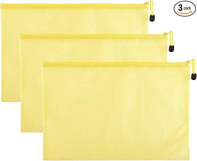 3 Pcs 16.93" x 12.01" A3 Sizes Mesh Zipper Pouch Bags, Mesh Bags with Zipper，Waterproof Clear document pouch for Organization Puzzles Travel, Office, Classroom Organization, A3 Yellow
