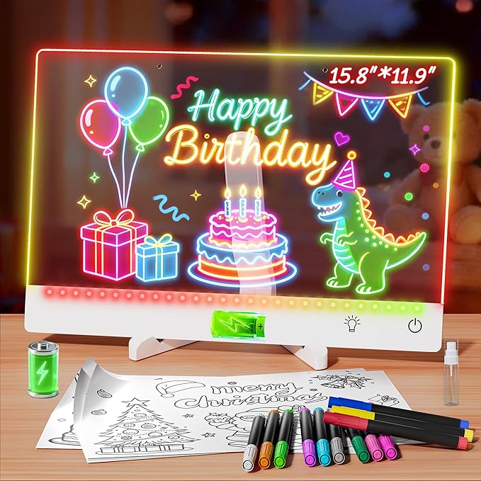 Rechargeable Lumi LED Drawing Board with 12 Markers, Large Size 15.8"x11.9" LED Note Board Acrylic Dry Erase Board with 7 Colors,Doodle Glow Message Board for Christmas Halloween Birthday Gifts(White)