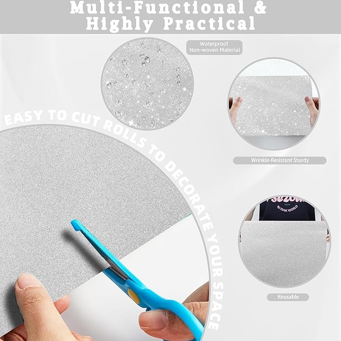 16" × 30ft Sliver Glitter Bulletin Board Roll Reusable Board Background Paper Wallpaper DIY Art Crafts Poster Paper Classroom Bulletin Board Decor for School Office Arts Craft Home Wall Decor Supplies
