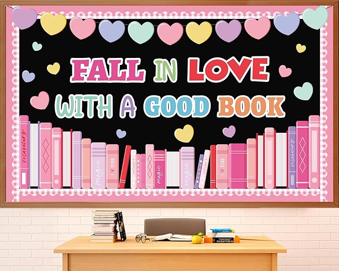 Valentine's Day Reading Bulletin Board Set Candy Heart Classroom Decorations Fall in Love with A Good Book Paper Cutouts for Valentines School Party Nursery Chalkboard Home Office Wall Door Decor