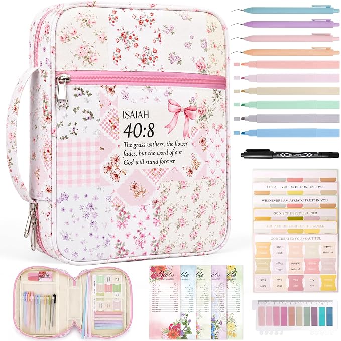 XKDOUS Bible Cover for Women Church Book Holder Canvas Patchwork Carrying Case with Handle, Study Supplies Carrier Portable Bible Bag Journaling Kit Christian Gifts for Mom, Friends