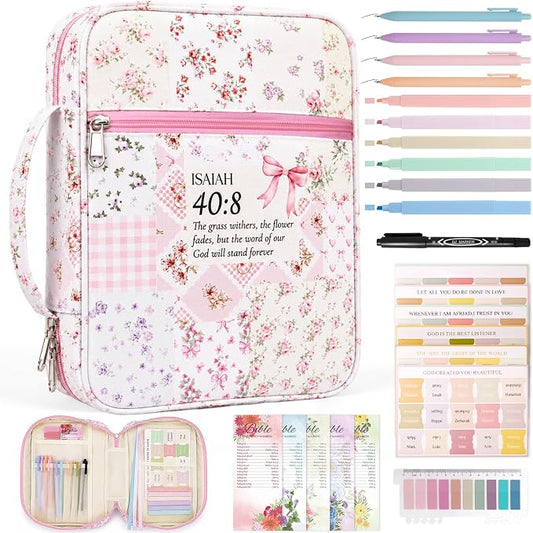 XKDOUS Bible Cover for Women Church Book Holder Canvas Patchwork Carrying Case with Handle, Study Supplies Carrier Portable Bible Bag Journaling Kit Christian Gifts for Mom, Friends