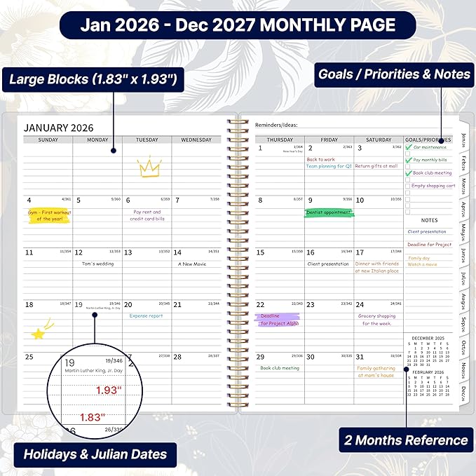 2026-2027 Monthly Planner, 2 Year Calendar Planner, Jan 2026 - Dec 2027, 8.5’’ x 11’’, Large Spiral Agenda, 24 Months, with Tabs ＆Pocket, Flexible Cover, Organizer for Office Home School, Gold