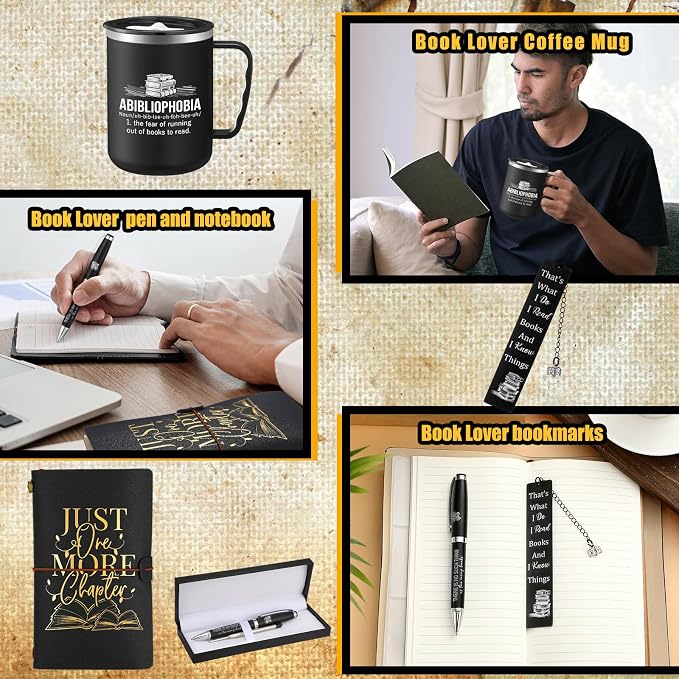 Shellwei 6 Pcs Book Lovers Gifts for Father's Day Men Gifts 17 oz Abibliophobia Coffee Mugs Leather Journal Notebook with Ballpoint Pen Metal Bookmark Greeting Card Box Gift for Librarian Bookish Men
