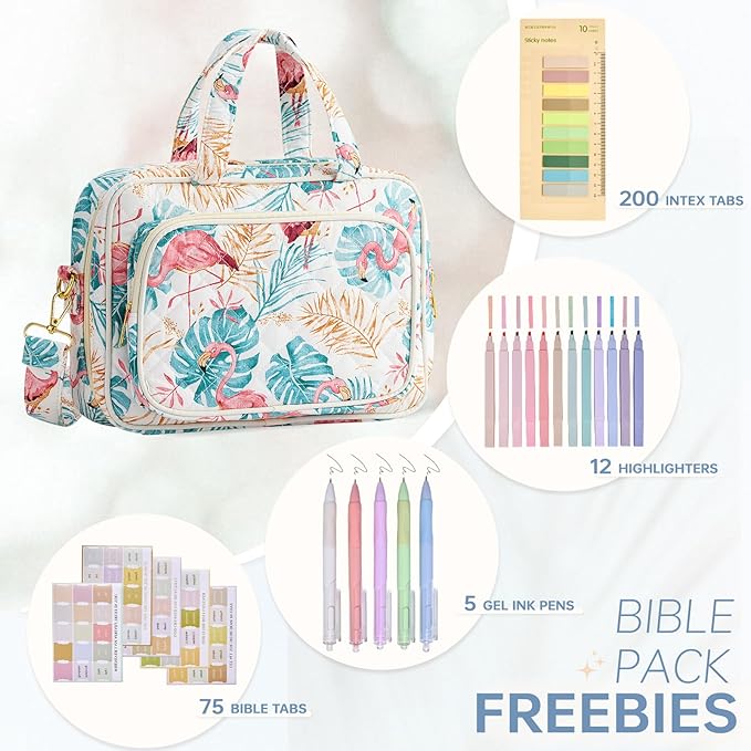 Bible Cover Case for Women Bible Study Supplies Church Camp Essentials Christian Gifts for Women Journaling Kit Quilted Large Bible Book Sleeve (Pink Flamingo, Large)