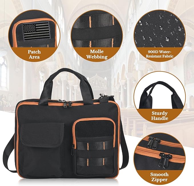 ZHIERNA Tactical Bible Cover for Men, Double Layer Large Bible Case Church Bag with Multiple Pockets, Bible Carrying Case for Women with Top Handle and Shoulder Strap
