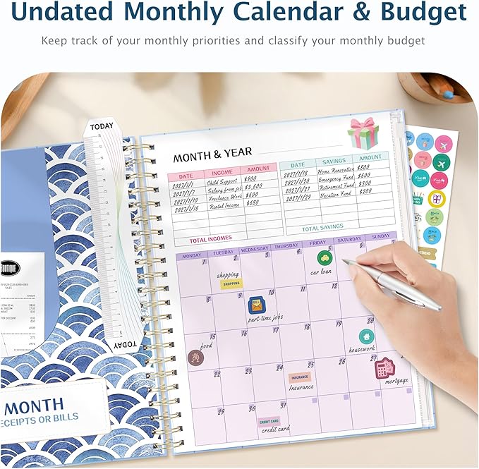 Ospelelf Budget Planner Undated, Money Expense Tracker with Pockets & Stickers, Thick Cardboard Cover, Large Pages for Spacious Writing, Original Fun Colorful Design, 12 Month Financial Notebook, Blue Pool