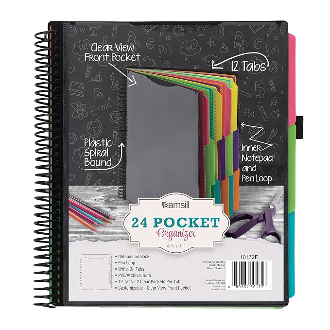 Samsill Spiral Folder Organizer - 12 Dividers & 24 Pockets with Notepad Holder, Multi Pocket Color Cordinated Folder Binder with Customizable Tabs, Document Organizer (Fashion)