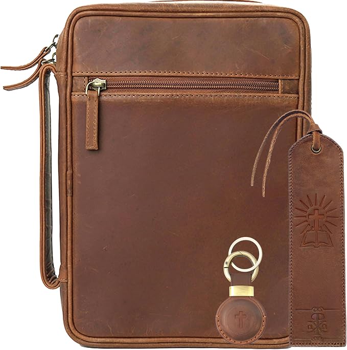 Sovereign-Gear Large Leather Bible Cover - Genuine Buffalo Leather with Handle, Zipper, Storage Pockets, Bookmark & AirTag Compatible Holder - Stylish Bible Carrying Case for Men & Women