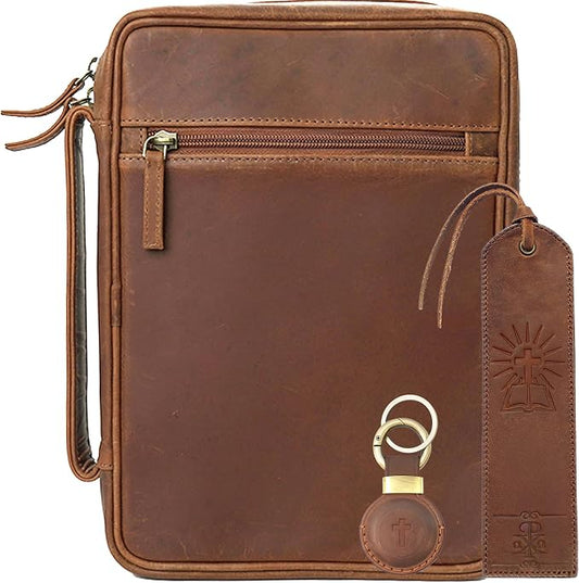 Sovereign-Gear Large Leather Bible Cover - Genuine Buffalo Leather with Handle, Zipper, Storage Pockets, Bookmark & AirTag Compatible Holder - Stylish Bible Carrying Case for Men & Women