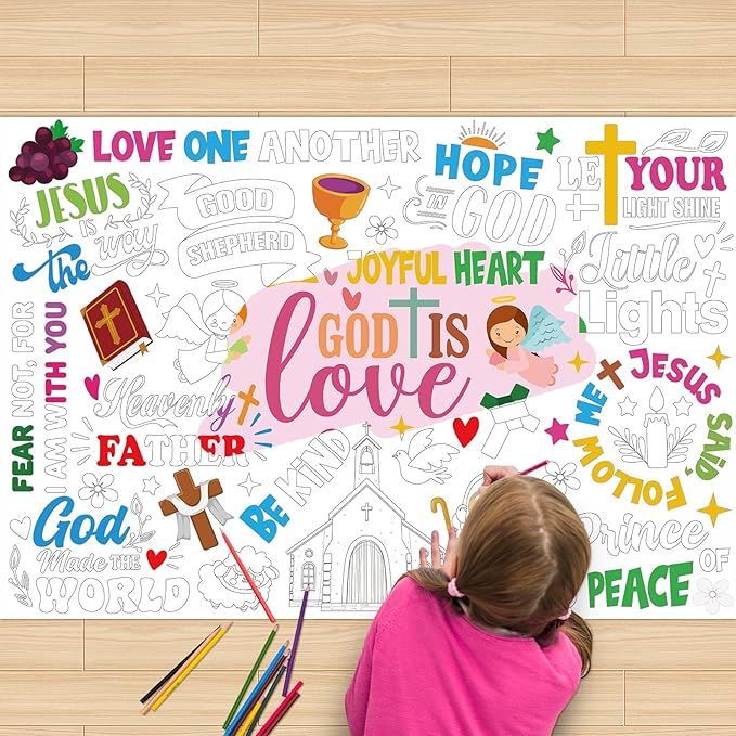 LUUFILx God is Love Coloring Poster for Kids Giant Coloring Poster Large Positive Coloring Tablecloth Jumbo Coloring Books for Kids Classroom Home Birthday Party Supplies Favor