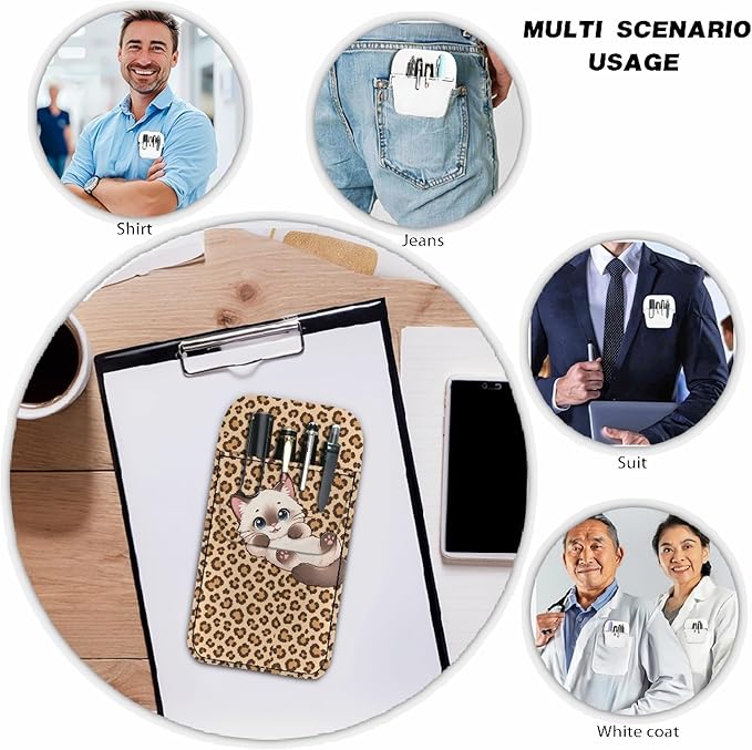 chaqlin Pocket Protector, Siamese Cat Leopard Print Leather Pen Holder Organizer for Men Women, Pencils, Tools and Cards, Pen Pocket Protector for Shirts, Lab Coats, Pants