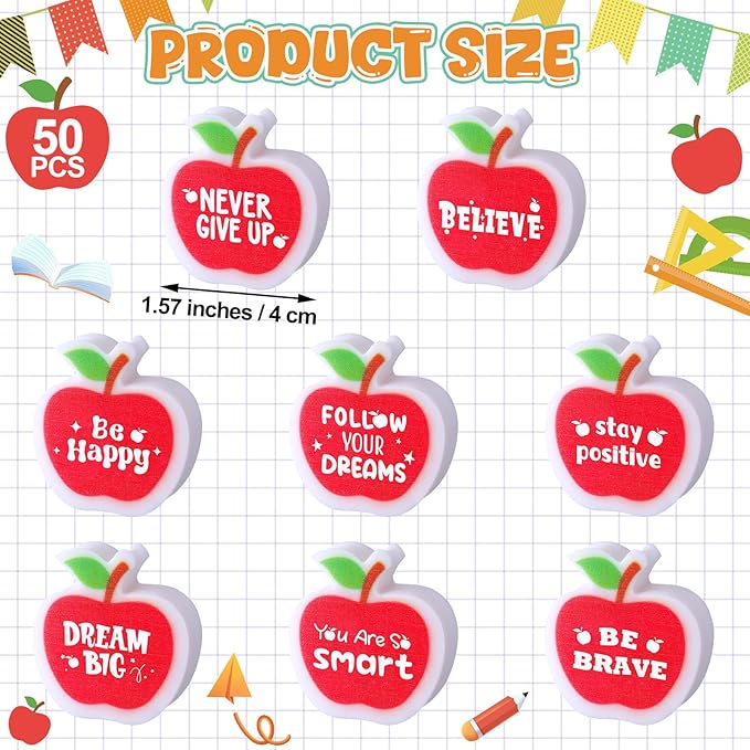 50 Pcs Erasers Bulk Inspirational Apple Erasers Cute Mini Motivational Gifts for Prizes Homework Rewards Supplies Office Supplies