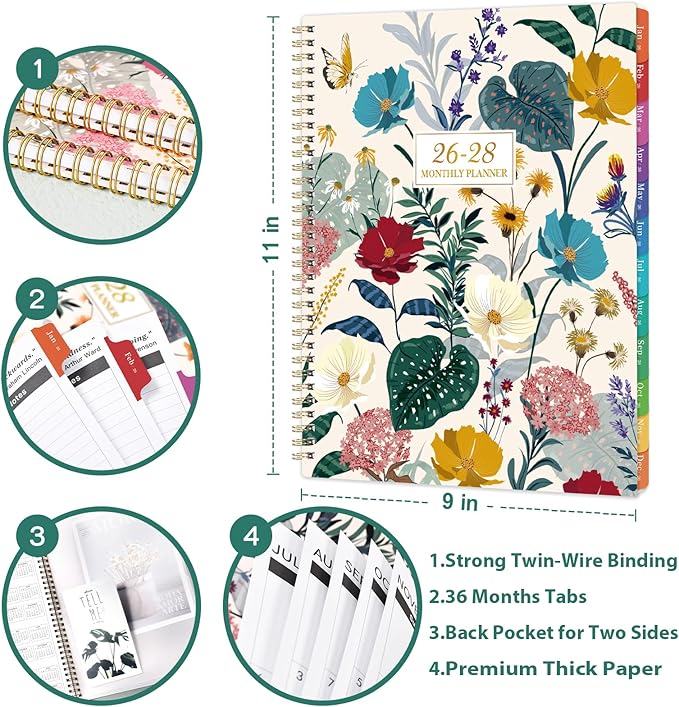 2026-2028 Monthly Planner/Calendar - 3 Year Monthly Planner 2026-2028, 9'' x 11'', Jan. 2026 - Dec. 2028, 36- Month Calendar with Colorful Tabs,Pocket