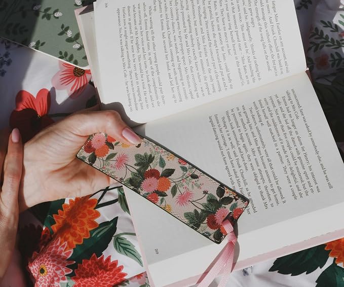 RIFLE PAPER CO. Dahlia Bookmark, 1.75" W x 6" L, Vintage-Inspired Floral Design, Saffiano Polyurethane, Pink Grosgrain Ribbon, Gold Foil Logo, Wipe-Clean