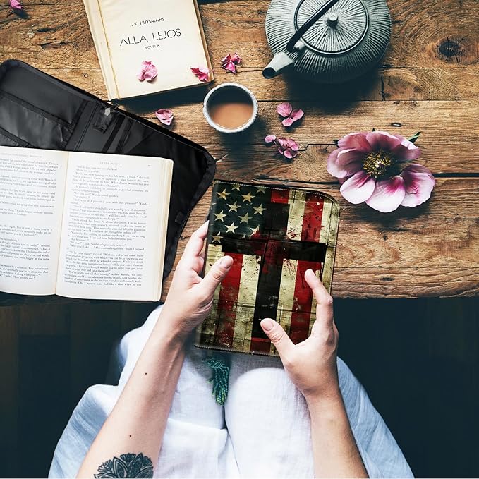 Bible Cover for Men Women,Large Leather Bible Case Fit Book Up to 11x8x2 Inch,Cross on American Flag Bible Covers Bible Study Carrier Church Bags w/Handle & Zipper