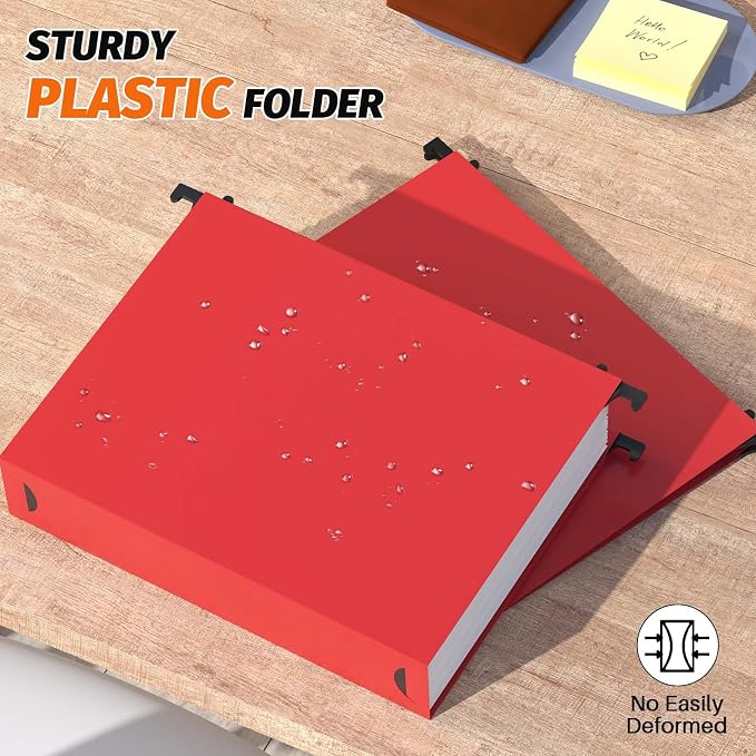 Shutex Extra Capacity Plastic Hanging File Folders,12 Pack Reinforced Hang Folders,Heavy Duty 2 Inch Expansion,Plastic Filing Cabinet Folders,Letter Size,for Bulk Files, Medical Charts,Red