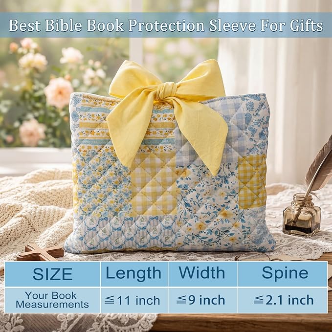 Honoson Quilted Bow Bible Sleeve Cover Case Padded Protector Washable Bible Bag Pouch Christian Gift for Women Girls Book Lover Gifts (Blue Yellow Patchwork)