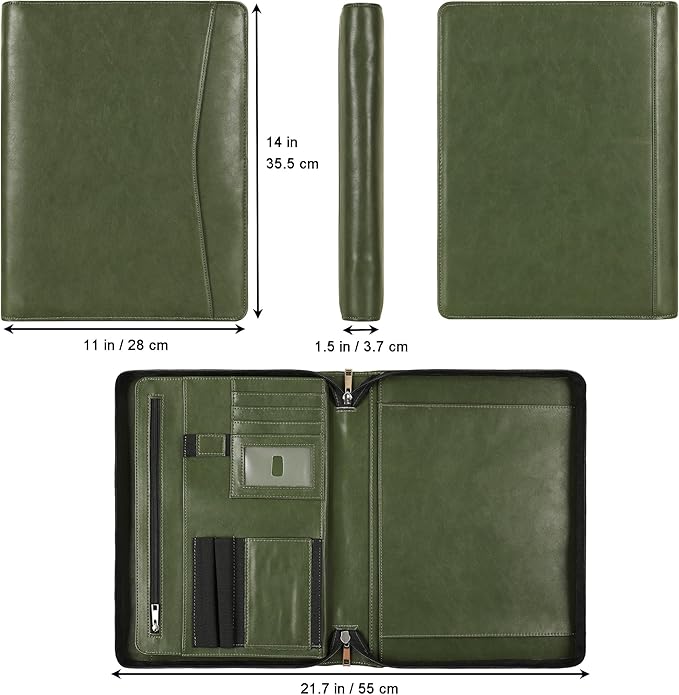 Personalized Leather Portfolio for Men, Business Padfolio with Zipper, Vegan Leather Folio with A4 Writing Pad Holder Organizer for Resume, Interview, Custom Portfolio - Green