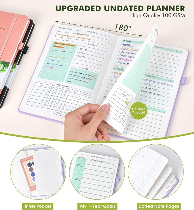 Undated Weekly and Monthly Planner, Hardcover Leather Calendar Blank Planner, Simplified To Do List Notebook with Goal & Habit Tracker Organizer, A5 Daily Weekly Planner for Work School Home, Purple