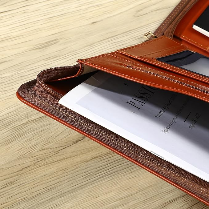 Pro PU Leather Padfolio - 10.1" Business Portfolio Organizer with Tablet & Phone Pocket, Zippered Document Holder, Card Slots & Writing Pad | Executive Gift for Professionals (Brown)