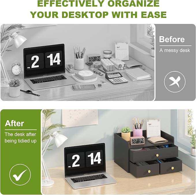 Bamboo Desk Organizer with Drawers Wooden Desktop Storage Drawers (1, Black 3 Drawers)