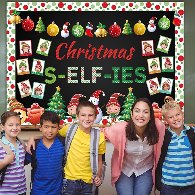 Gersoniel 81 Pcs Christmas Bulletin Board Decoration Set for Classroom, Xmas Elf Cutouts DIY Photo Crafts Christmas Ball Bulletin Board for Holiday Winter Chalkboard Wall Decor School Supplies
