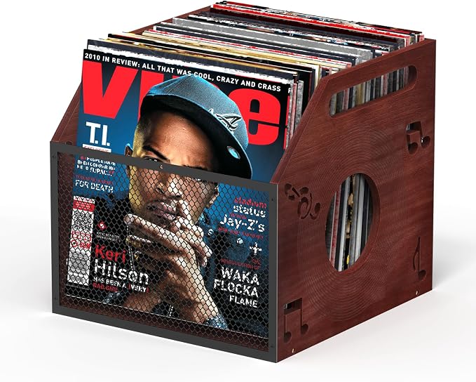 Vinyl Record Storage Crate with Handle, Wood and Metal Mesh Record Holder Holds 60 LPs, Easy Assembly Vinyl Storage Box for Home Office Record Store