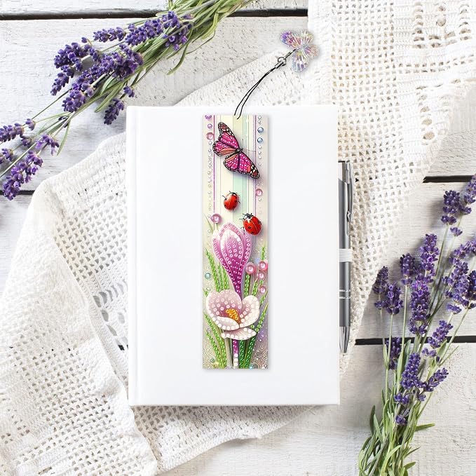 ARTopet 3Pcs DIY Diamond Art Painting Bookmarks with Colorful Butterfly Pendant PET Bookmark Ornament Double Sided Pattern Single Sided Diamond Book Marker Clip Gifts Tags-Flowers05