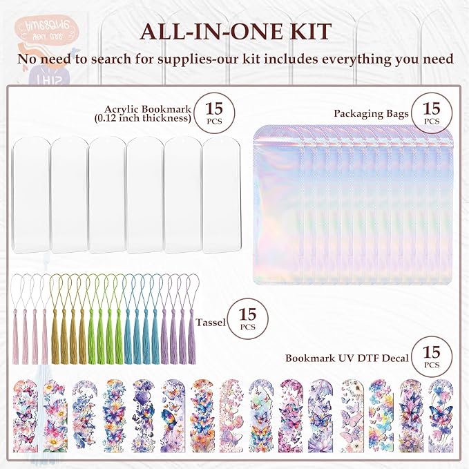 Dazoratix Butterfly Bookmark Making Kit - 60 PCs Floral Acrylic Bookmarks Blanks with Tassels Flower UV DTF Transfer Stickers DIY Craft Projects Clear Transparent Marks Tags for Women Book Lovers Gift