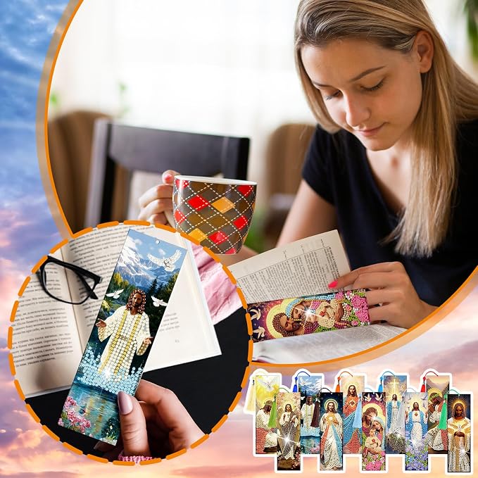 Sinload 10 Pcs Jesus Diamond Art Bookmarks Catholic Diamond Painting Bookmark with Tassels Jesus Diamonds Painting Book Mark Catholic Gifts DIY Religious Acrylic Book Mark for Church Supplies