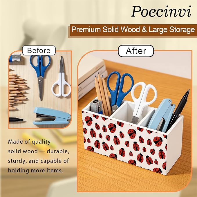 Red Ladybug Pen Holder for Home Office Desk, Ladybug Gifts, Cute Lady Bug Wooden Box Sign Pencil Holder for Desk Shelf Organizer