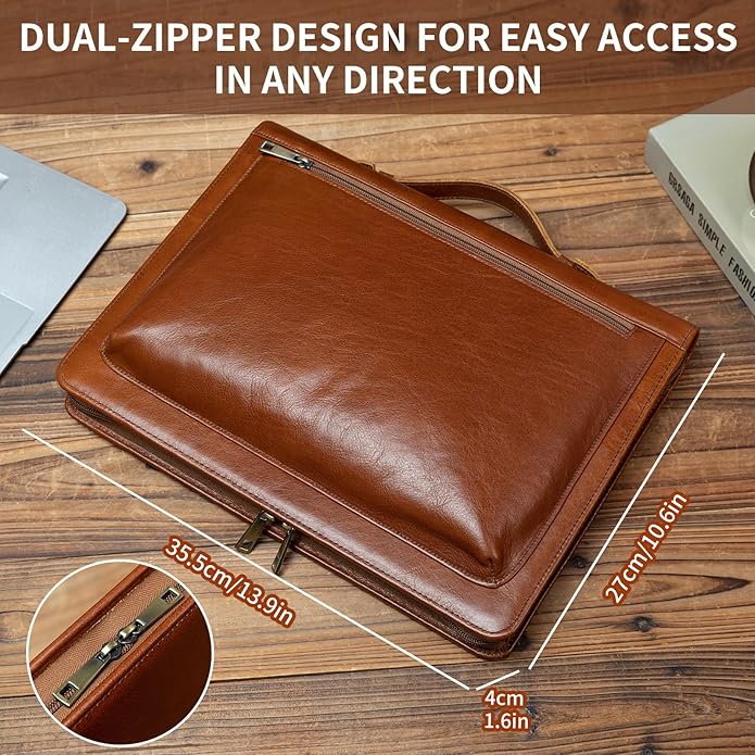YIWEN Handmade Leather Portfolio with Handle – Zippered Front Pocket, Clip for Letter Size Notepad, Business Travel Padfolio