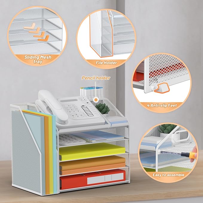 DocNest 5 Tier Paper Letter Tray File Organizer, Mesh Desk File with Handle, Workspace Desk Organizers with Pen Holder, Office Organization Storage Accessories - White