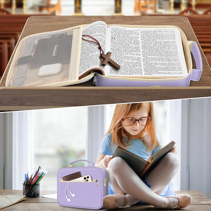 FINPAC Large Bible Cover w/Shoulder Strap, Carrying Book Case Church Bag Bible Protective w/Pen Slots and Zippered Pocket, Gift for Women Lady, Letter Purple