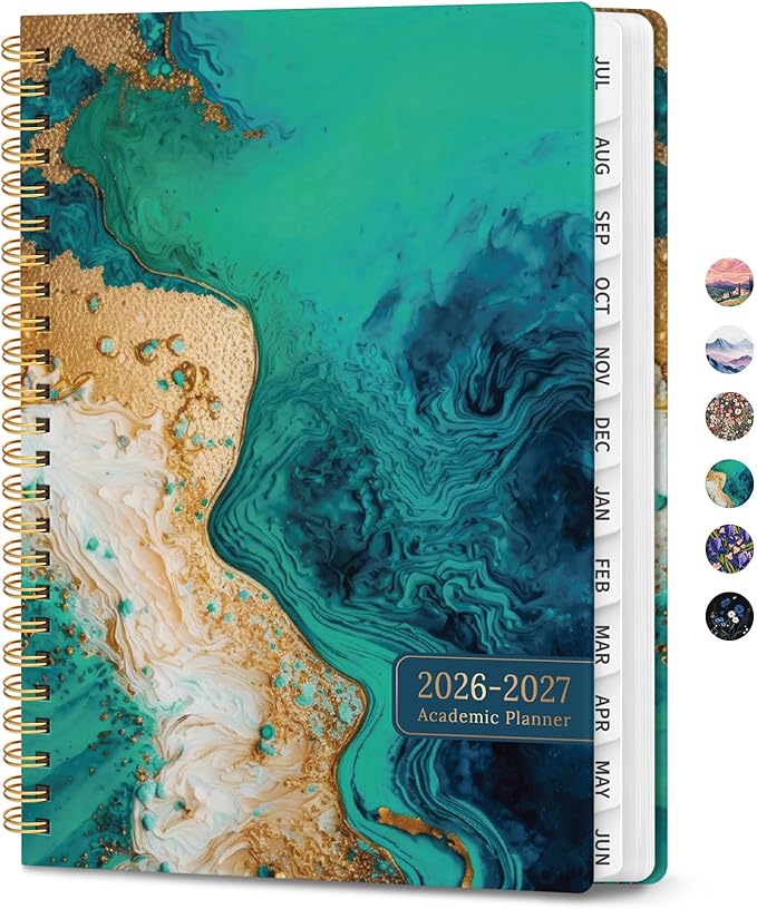 Planner 2026-2027, Monthly and Weekly Academic Planner July 2026 - June 2027, Hardcover Student Teacher Planning Agenda Calendar Book with Tabs, Perfect for Office School Supplies, A5 (6.3" x 8.5") - Emerald Shores
