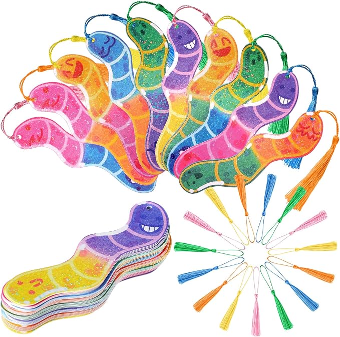 Ctosree 100 Pack Worm Bookmarks Bulk 50 Pcs Holographic Glitter Gummy Bookworm Bookmark and 50 Pcs Tassel for Book Lovers Bookworm Fun Book Marks for Reading Adults Funny Gift Party Favor