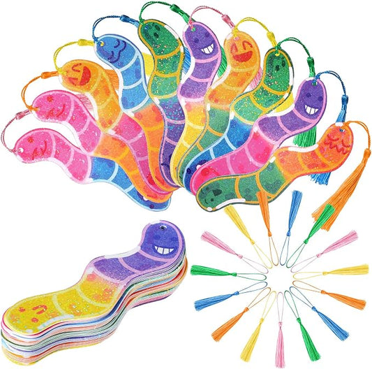 Ctosree 100 Pack Worm Bookmarks Bulk 50 Pcs Holographic Glitter Gummy Bookworm Bookmark and 50 Pcs Tassel for Book Lovers Bookworm Fun Book Marks for Reading Adults Funny Gift Party Favor