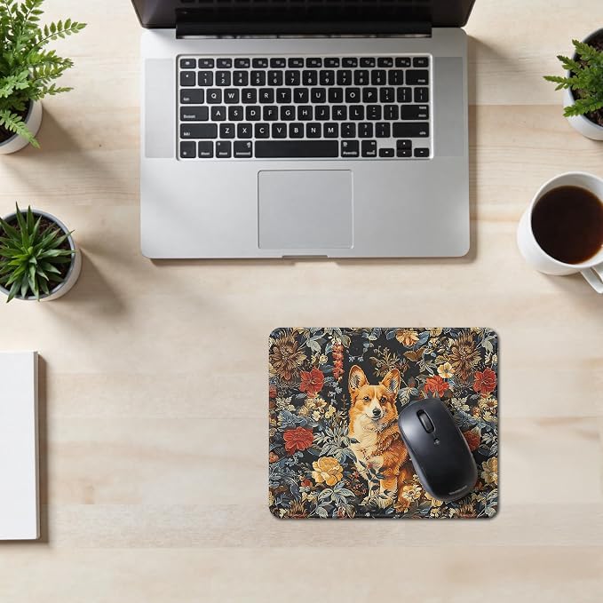 Vintage Floral Corgi Mouse Pad, Dog Lover Gifts for Women, Cute Cottagecore Puppy Animal Mouse Pad for Home Office Computer Gaming Desk Essentials, 9.5x7.9 Inch