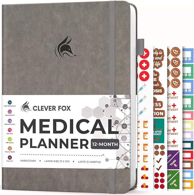 Clever Fox Large Medical Planner 12-Month – Medical Notebook, Health Diary, Wellness Journal & Logbook to Track Health – Self-Care Medical Journal – 12 Months, Undated, 7″ x 10.5″ (Gray)