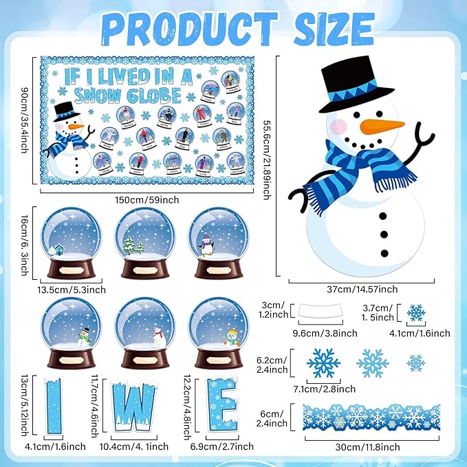 94pcs Winter Bulletin Board Decorations Set Let It Snow Snowmen Paper Cutouts for Posting Photo Globe Cutouts with Snowflakes Borders Christmas January Holiday Classroom Chalkboard Wall Decor Supplies