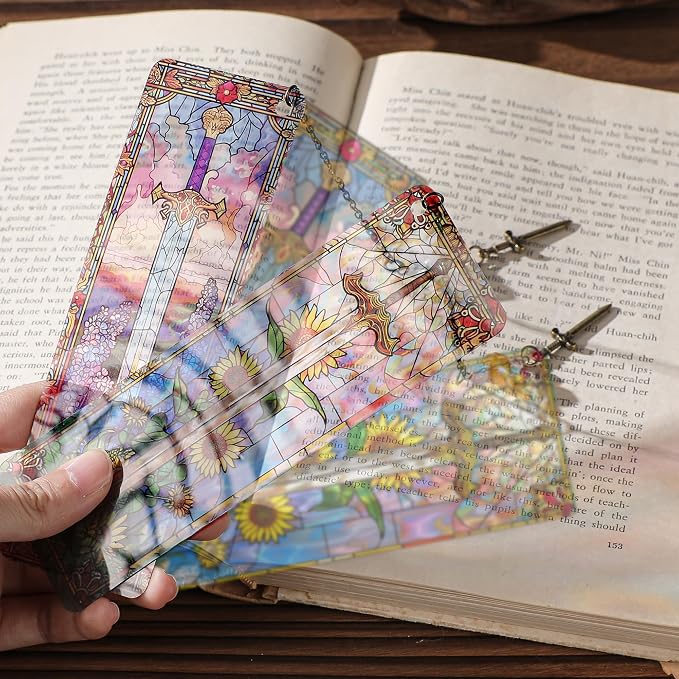 Fantasy Sword Bookmark Gifts - 4 Pcs Unique Stained Glass Bookmarks for Women Men Book Lovers Tassels Beaded Page Marks with Flower Reading Accessories Bookish Gift for Birthday Back to School