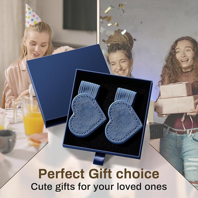 2Pcs Magnetic Leather Bookmarks with Gift Box, Heart-Shaped Magnetic Pen Holder Book Marks Clip Gift for Book Lover Readers Cute Bookmark for Women, Dark Blue