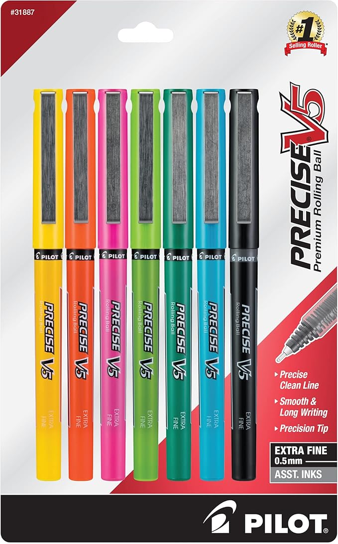 PILOT Precise V5 Stick Liquid Ink Rolling Ball Stick Pens, Extra Fine Point (0.5mm) Assorted Ink Colors, 7-Pack (31887)