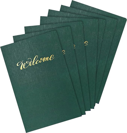 Affrolling 50 Pack 6 x 9 Inch Welcome Pocket Folders Church Visitor Welcome Folder Presentation Folder Employee File Folders for Weddings, Party, Conference, Seminars, Bar Mitzvah (Dark Green Linen)
