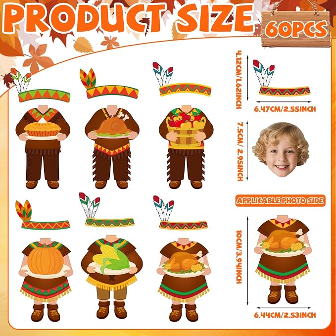 60Pcs Thanksgiving Indian Paper Cutouts Bulletin Board Decorations Cutting Fall DIY Photo Picture Crafts Autumn Cutouts Happy Thanksgiving Indian Classroom Supplies for Party School Home Wall Decor