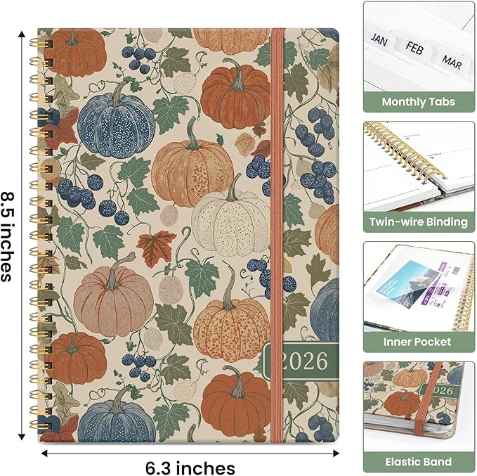 2026 Planner, Weekly and Monthly Calendar Planner for Women, Jan 2026 - Dec 2026, Hardcover Planning Agenda book with Tabs, Spiral Bound, Inner Pocket, Perfect for School Office Supplies, 6.3" x 8.5" - Pumpkin Patch